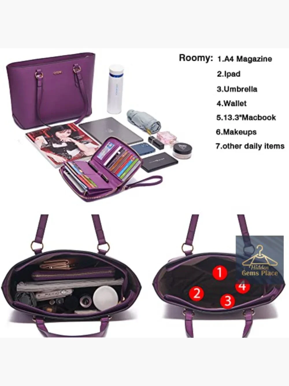 Large Tote Satchel Set with Matching Wallet - 4 Piece Handbag Purse